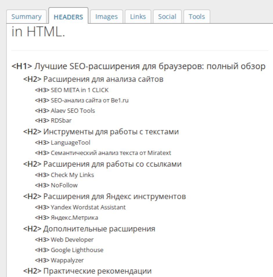 Пример анализа структуры заголовков в SEO META in 1 CLICK