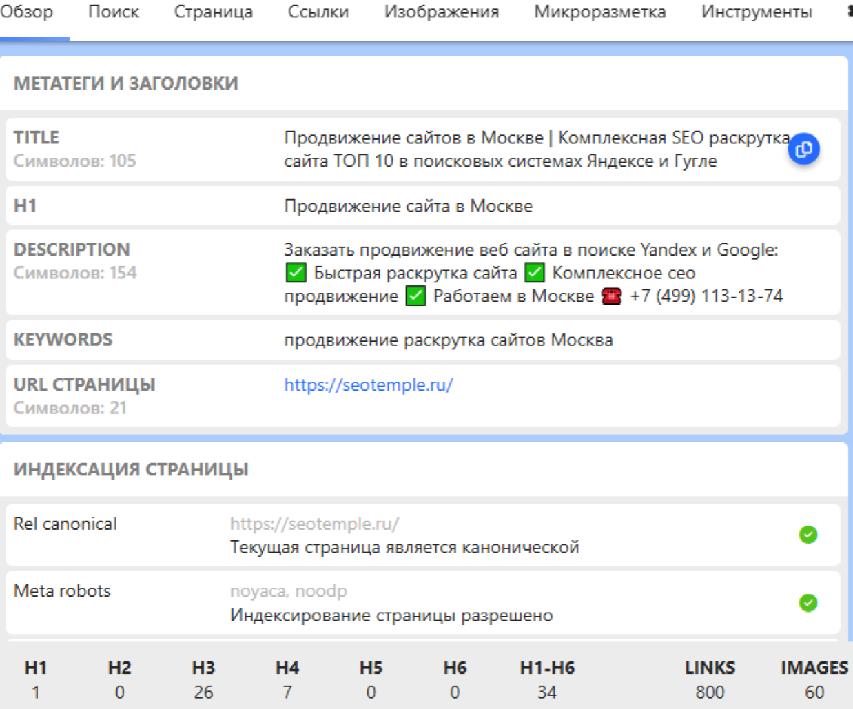 Пример отчёта в Alaev SEO Tools